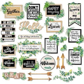 26 Pieces Eucalyptus Classroom Bulletin Board Set Classroom Positive Sayings Accents Inspirational Cutouts Motivational Gallery Signs for Back to School Classroom Office Home Nursery Wall Decoration