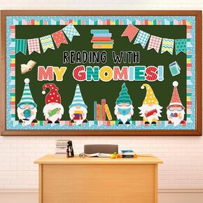57pcs Back to School Gnomes Bulletin Board Set Reading with My Gnomies Bulletin Board Classroom Decoration Gnomes Books Cutouts for Home School Library Wall Chalkboard Decor Supplies