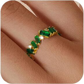 14K Gold Plated Green Cubic Zirconia Engagement Wedding Rings for Women Dainty Stackable Emerald Birthstone Love Rings Trendy Rhinestone Eternity Rings Birthday Jewelry Gifts