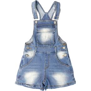 KIDSCOOL SPACE Little Big Girls Denim Shortalls, Stone Washed Soft Jeans Summer Shorts