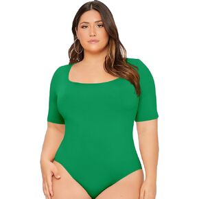OYOANGLE Women's Plus Size Basic Short Sleeve Bodysuit Scoop Neck T Shirts Bodysuit