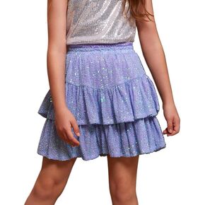 Perfashion Girls Sequin Skirt Sparkly 2 Layer Ruffle A-Line Skirt V-Waisted Dance Party Skirt 4-13Y