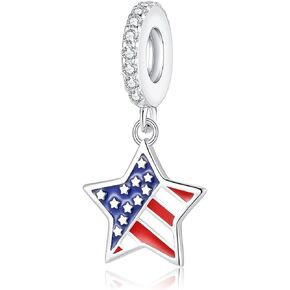 American Flag Charms for Pandora Bracelets - Sterling Silver Patriotic Dangle Charm fit Bracelet and Necklace 4th of July Pendant Independence Day Jewelry Gifts