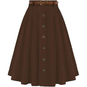 Belle Poque Women's Vintage Stretch High Waist A-Line Flared Midi Skirts with Pockets & Belts