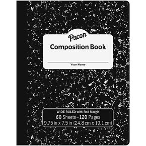 Pacon® PACMMK37118 Hard Cover Composition Book, Wide Ruled, 9.75" x 7.5", Black Marble, 60 Sheets