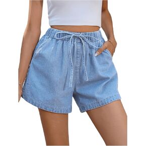 OYOANGLE Women's Elastic Waist Tie Front Straight Leg Denim Shorts Casual Jean Shorts with Pocket