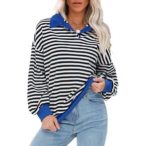 سترة EXLURA النسائية كبيرة الحجم مخططة بألوان زاهية كاجوال بأكمام طويلة ورقبة على شكل حرف V بلوفر فضفاض Y2K in Kuwait