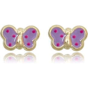AVORA 10K Yellow Gold Purple with Pink Polka Dots Enamel Butterfly Stud Earrings
