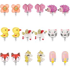 9 Pairs Girl Clip On Earrings Jewel in Box, Toddler Butterfly Earrings, Cute Unicorn Clip on Earrings for Little Girls, Flower Clip-on Earrings Set, Toddler Children Earrings Jewelry Gifts-Style 2