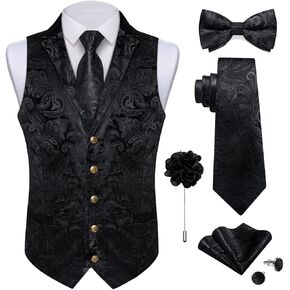 DiBanGu Silk Paisley Vest for Men Wedding Waistcoat and Necktie Bowtie Lapel Pin Set 7PCS Dress Vests for Suit or Tuxedo, Dark Black, Large