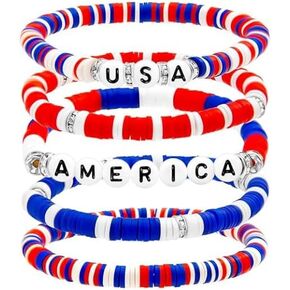 XAM 4th of July Bracelets USA Clay Bead Bracelet American Flag Independence Day Bracelets Beach Heishi Surfer Bracelet Set Red White and Blue Bracelets for Men Women