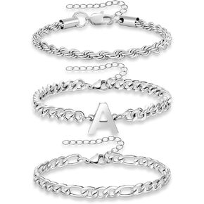 3 Pcs A-Z Silver Initial Chain Bracelets for Men, Stainless Steel Cuban Link Rope Figaro Chain Bracelet Set Jewelry Gifts for Men Women, 7.5+2 Inches