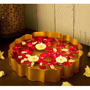 Urli Bowl Set for Decoration Indian - 9 Inch | Lotus Urli Bowl for Diwali Diya, Indian Decorations for Home | Brass Finish Urli for Floating Candles, Flowers | Urlis For Decoration Indian