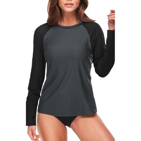 Tempt Me Women Long Sleeve Rash Guard Shirt Crew Neck Bathing Suit Top Built in Bra Swim Shirts Tops Only no Bottom