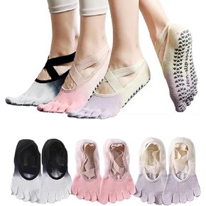 Yoga Socks for Women Non-Slip Grips & Straps,Ideal for Pilates,Five Toes Socks Soft Breathable Yoga Gradient Color Liner Socks Sweat-absorbent Deodorant Anti-friction (3color, 3Pairs)