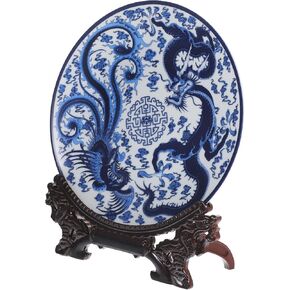 Blue and White Porcelain Plate with Vertical Stand Chinese Dragon and Phoenix Oriental Furniture Porcelain Decorative Plate Ornaments for Display Home Decoration