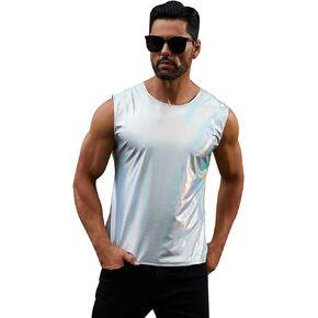 FYMNSI Mens Shiny Holographic Metallic Tank Top Reflective Round Neck Sleeveless Tee Shirts Tops Rave Clothing Nightclub Wear