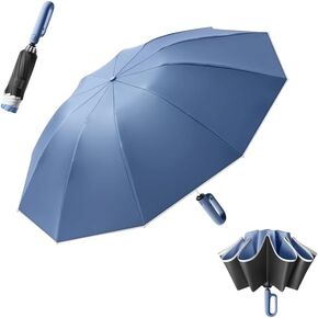 Inverted Reverse Golf Umbrella 10 Ribs Travel Folding Lightweight Compact Portable Backpack Outdoor,Sun/Rain,Anti 99 UV Protection UPF 50, Automatic Open/Close,Men Women Carabiner Handle Design