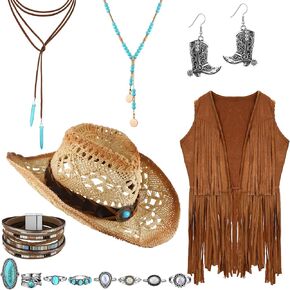 Newcotte 15 Pcs Western Cowgirl Jewelry Set, Bohemian Turquoise Jewelry Set, 70s Outfits for Women Hippie Costume Set, Western Outfits for Women Cowgirl