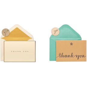 Papyrus Thank You Cards with Envelopes, Gold Border (16-Count) & Thank You Cards with Envelopes, Kraft with Flower (14-Count)