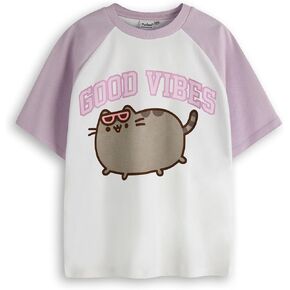 Pusheen Girls Raglan T-Shirt | Kids Good Vibes Short Sleeve Graphic Tee Cat Kitten Cool College Style Apparel Top for Teens
