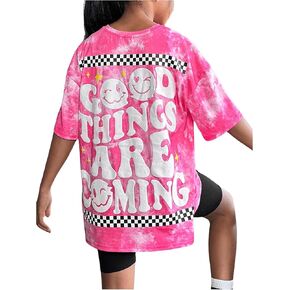 SHENHE Girl's Letter Graphic Tie Dye Tshirts Plaid Crewneck Short Sleeve Loose Tee Top