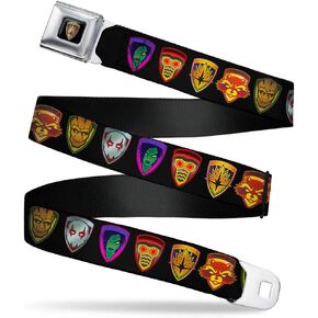 Buckle-Down Men's Seatbelt Belt Kids, Guardians of The Galaxy Badge/Character Icons Black/Multi Color, 1.0" Wide-20-36 Inches