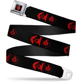 Buckle-Down Seatbelt Belt - Bat Logo/Harley Quinn Diamonds Black/Red - 1.0" Wide - 20-36 Inches in Length