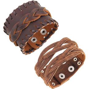 HZMAN 2Pcs Leather Bracelets for Men Gothic Punk Retro Wide Cuff Bracelet Handmade Braided Brown Leather Wristband Bracelet Jewelry Gift