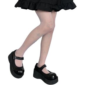 SOLILOQUY Women Y2K Lolita Sheer Tights Bow Knot High Waist Footed Pantyhose Stockings See-Through Stretchy Leggings