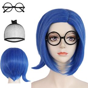 JoneTing Blue Sadness Wig【+Wig Cap+Glasses】 Short Blue Bob Wigs Sadenss Cosplay Wig Women Short Straight Sadness Blue Wig Blue Sadness Costume Wig Blue Bob Wigs for Women Cosplay Outfit Halloween