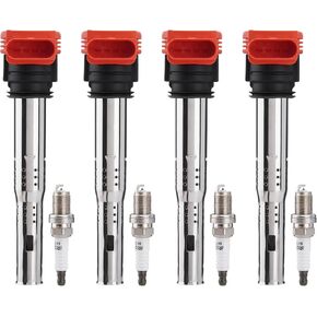 حزم ملف الإشعال UF529 وشمعات الإشعال مجموعة من 4، متوافقة مع Volkswagen MK5 MK6 GTI Jetta Golf Passat Tiguan Audi A3 A4 A5 A6 A7 Q5 Q7 R8 S4 S5 06-16 2.0T 3.0T 2.5L 3.2L 4.2L 5.2L