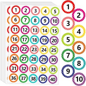 1 Inch Number Stickers 1-40, 12 Sheets Consecutive Number Labels, Colored Number Decals, Inventory Stickers, Removable Dot Stickers for Classroom, Office, Storage, Indoor, Boxes (10 Colors)