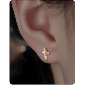 14K Gold Plated Small Cross Stud Earrings, Hypoallergenic Pave CZ Tiny Gold Cross Stud Earrings for women