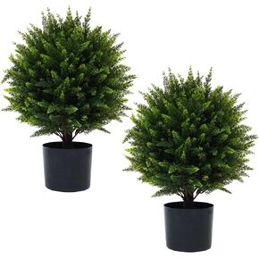 2 Pack Artificial Cedar Topiary Ball Trees 21" Tall Faux Cedar Trees for Outdoor Planters Outdoors Artificial Shrubs Fake Plants UV Resistant for Outdoor Indoor Front Porch Garden Decor