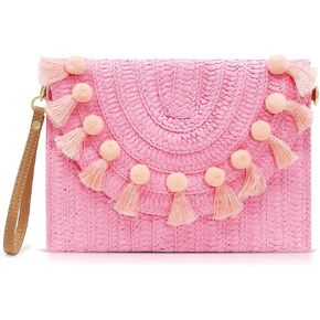 Straw Crossbody Bag for Women, Pink Clutch Purses, Bohemian Handmade Woven Handbags, Envelope Wallet, Tassels Summer Beach Bag