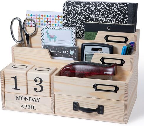 كونترتوب منظم البريد مع التقويم وكتلة أيام الأسبوع - تخزين منظم المكتب مع درج - منظم فارز البريد أو منظم الفواتير للمكتب - منظم الخشب الطبيعي للمكتب in Kuwait