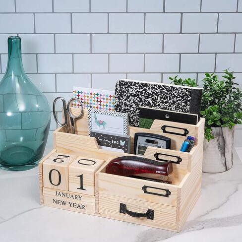 كونترتوب منظم البريد مع التقويم وكتلة أيام الأسبوع - تخزين منظم المكتب مع درج - منظم فارز البريد أو منظم الفواتير للمكتب - منظم الخشب الطبيعي للمكتب in Kuwait