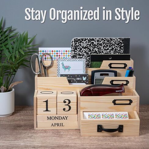 كونترتوب منظم البريد مع التقويم وكتلة أيام الأسبوع - تخزين منظم المكتب مع درج - منظم فارز البريد أو منظم الفواتير للمكتب - منظم الخشب الطبيعي للمكتب in Kuwait