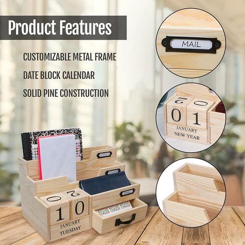 كونترتوب منظم البريد مع التقويم وكتلة أيام الأسبوع - تخزين منظم المكتب مع درج - منظم فارز البريد أو منظم الفواتير للمكتب - منظم الخشب الطبيعي للمكتب in Kuwait