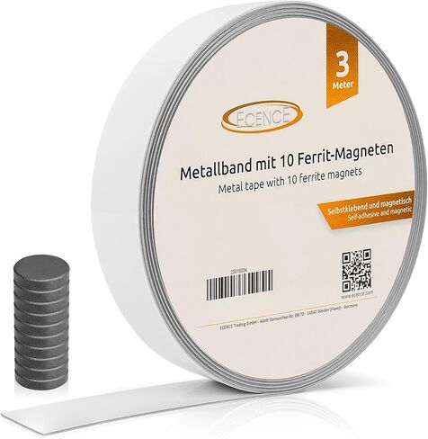 شريط معدني ذاتي اللصق بطول 3 متر من ECENCE مع 10x مغناطيس من الفريت، شريط حديدي، شريط فولاذي، شريط معدني مثالي للملاحظات والصور والمذكرات in Kuwait