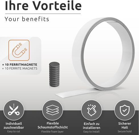 شريط معدني ذاتي اللصق بطول 3 متر من ECENCE مع 10x مغناطيس من الفريت، شريط حديدي، شريط فولاذي، شريط معدني مثالي للملاحظات والصور والمذكرات in Kuwait