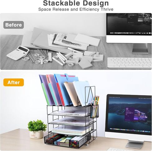 منظم مكتب هوسمايل، منظمات مكتبية من 5 طبقات وملحقات مع أدوات فرز الملفات وصينية ورق ودرج وحامل أقلام، سيليكون مضاد للانزلاق، منظم ملفات قابل للفصل للمكتب، أسود in Kuwait