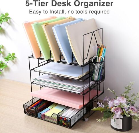 منظم مكتب هوسمايل، منظمات مكتبية من 5 طبقات وملحقات مع أدوات فرز الملفات وصينية ورق ودرج وحامل أقلام، سيليكون مضاد للانزلاق، منظم ملفات قابل للفصل للمكتب، أسود in Kuwait