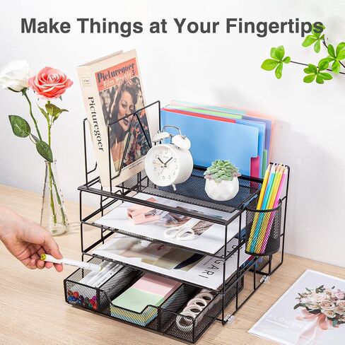 منظم مكتب هوسمايل، منظمات مكتبية من 5 طبقات وملحقات مع أدوات فرز الملفات وصينية ورق ودرج وحامل أقلام، سيليكون مضاد للانزلاق، منظم ملفات قابل للفصل للمكتب، أسود in Kuwait