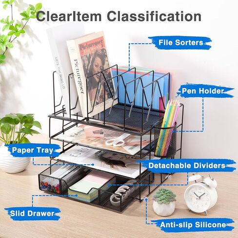 منظم مكتب هوسمايل، منظمات مكتبية من 5 طبقات وملحقات مع أدوات فرز الملفات وصينية ورق ودرج وحامل أقلام، سيليكون مضاد للانزلاق، منظم ملفات قابل للفصل للمكتب، أسود in Kuwait