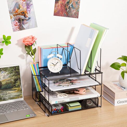 منظم مكتب هوسمايل، منظمات مكتبية من 5 طبقات وملحقات مع أدوات فرز الملفات وصينية ورق ودرج وحامل أقلام، سيليكون مضاد للانزلاق، منظم ملفات قابل للفصل للمكتب، أسود in Kuwait
