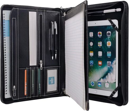 حافظة جلدية سوداء مع مساحة للمفكرة لجهاز iPad مقاس 10.2 بوصة / 10.5 بوصة / 11 بوصة، حافظة بادفوليو مجلد مستندات منظم بسحاب للأعمال مع حامل مفكرة بحجم حرف in Kuwait