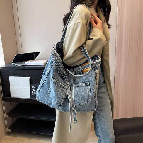 Denim Shoulder Bag Canvas Messenger for Women trendy cute tote hobo crossbady bag Casual jean purse Large Capacity in Saudi Arabia