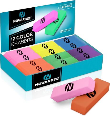 Noverbee- Erasers, Erasers for Kids, Eraser Neon Colors, 12 Pack, Erasers bulk, Erasers for pencils, art and Office Use. in Kuwait